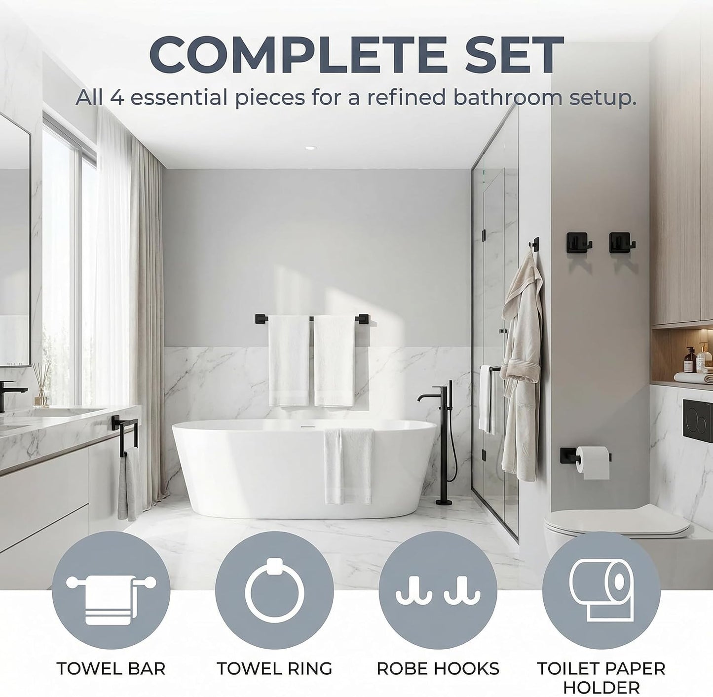 Set 5 Pzas Accesorios Baño Cuadrados Negro Mate