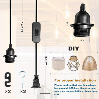 Cable luz colgante 16ft negro con enchufe E26/E27 y interruptor