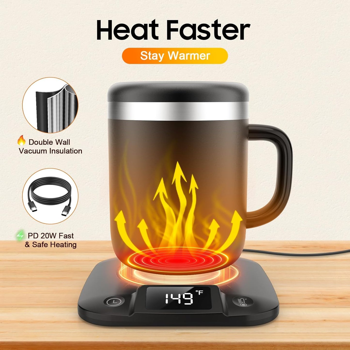 Taza café eléctrica acero inox con control de temperatura