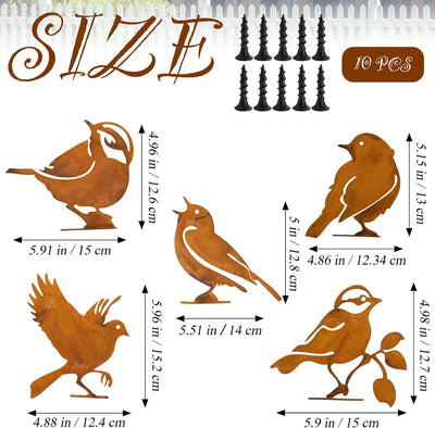 5 Pzas Pájaros Metal Pátina Oxidada Decoración Jardín