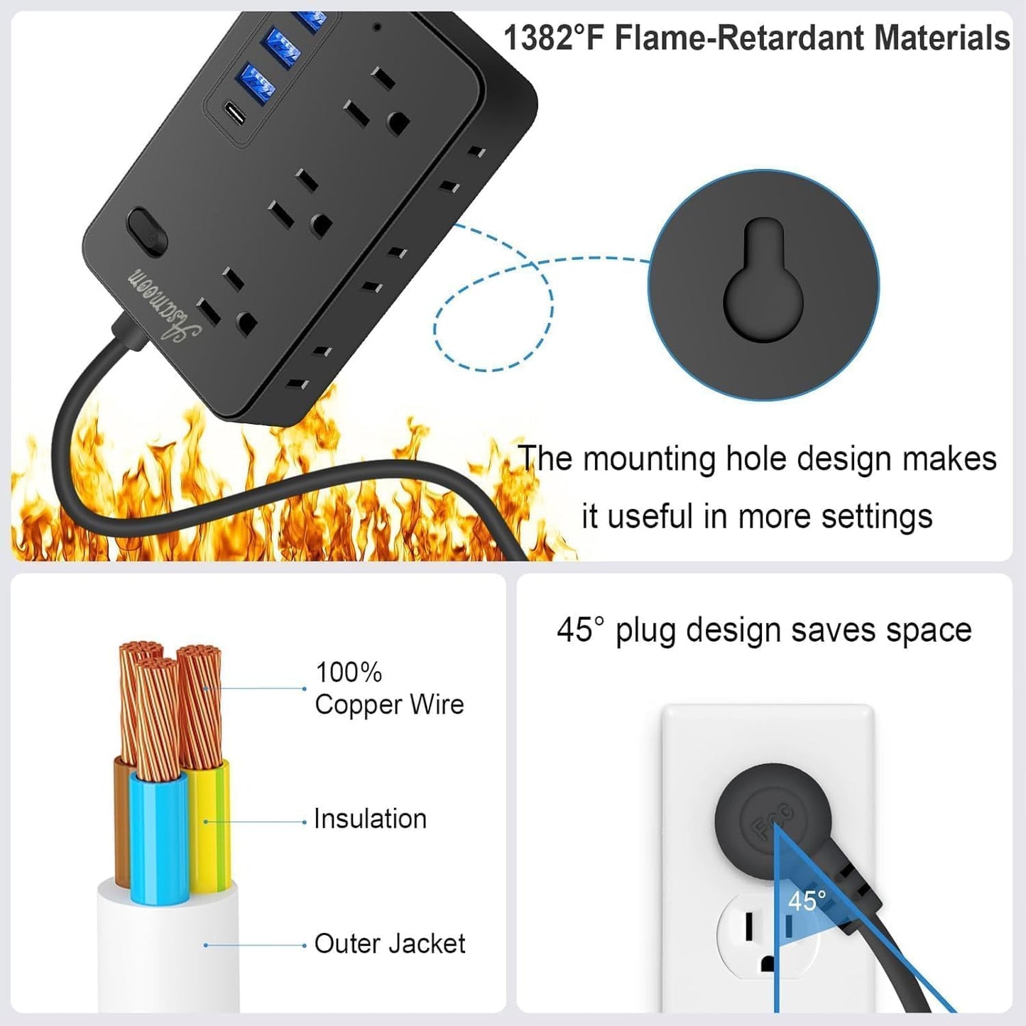 Cable extensión 15pies 6 salidas 4USB protege 1700j