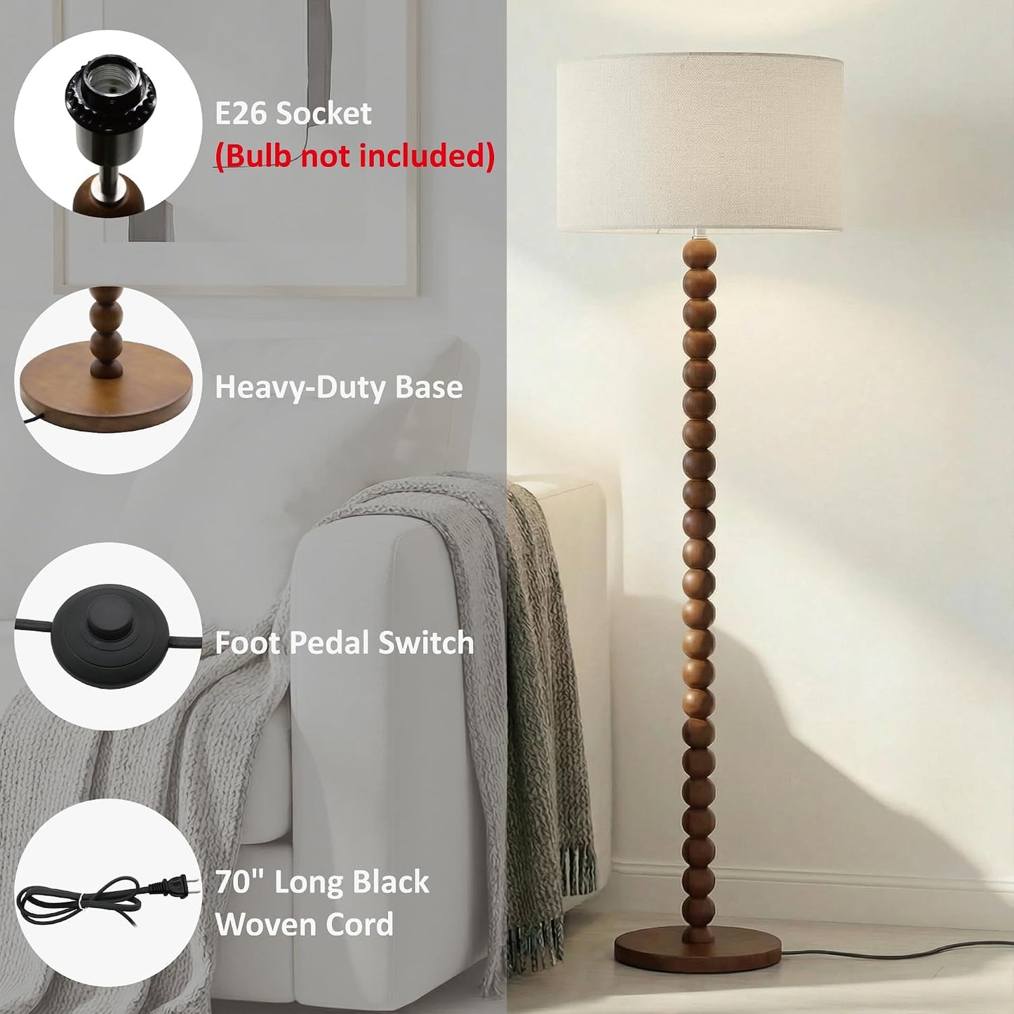 Lámpara pie madera cuentas 61pulg pantalla lino UL