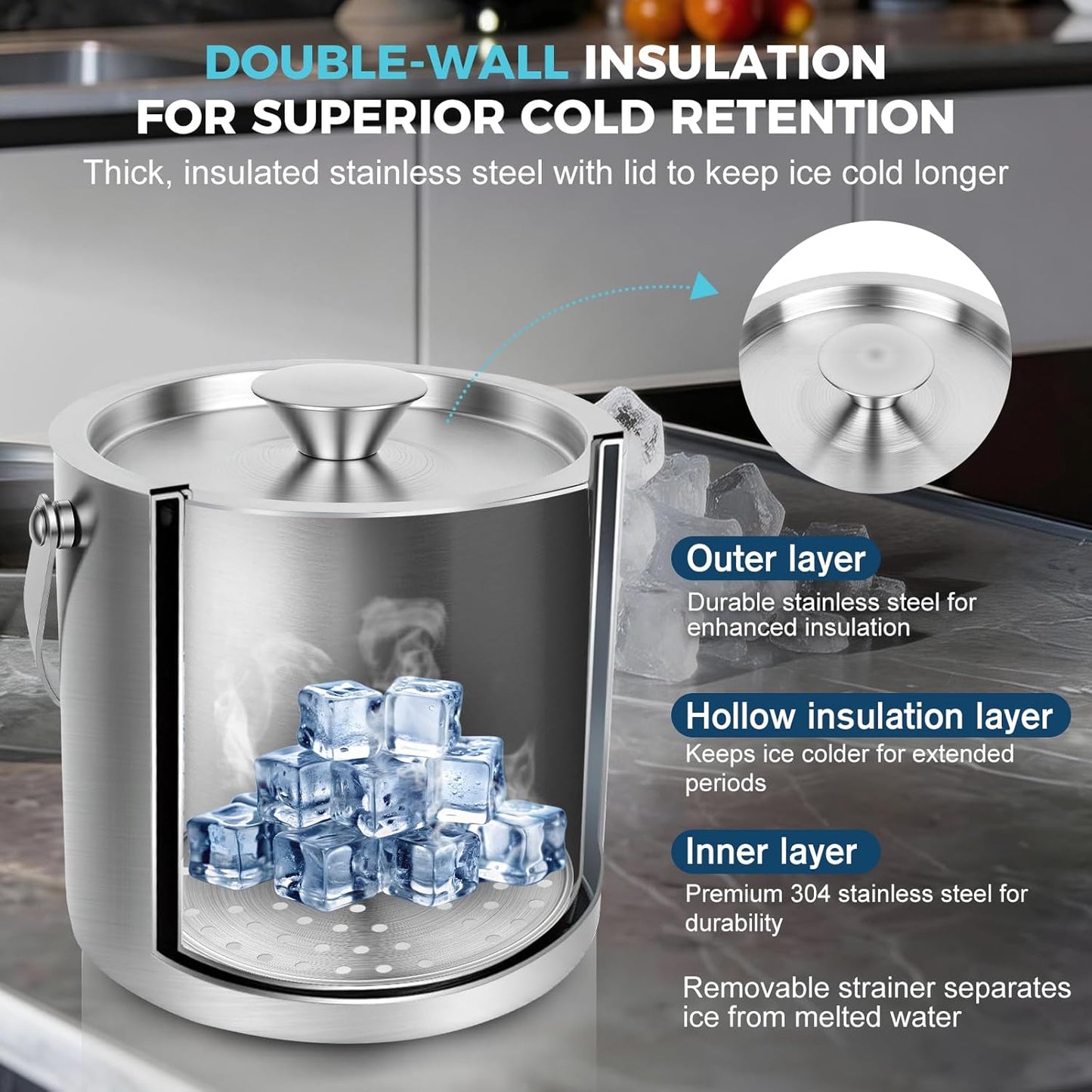 Juego de 6 cubos de hielo de 3L doble pared acero inoxidable con tapa cuchara pinzas abridor para fiestas