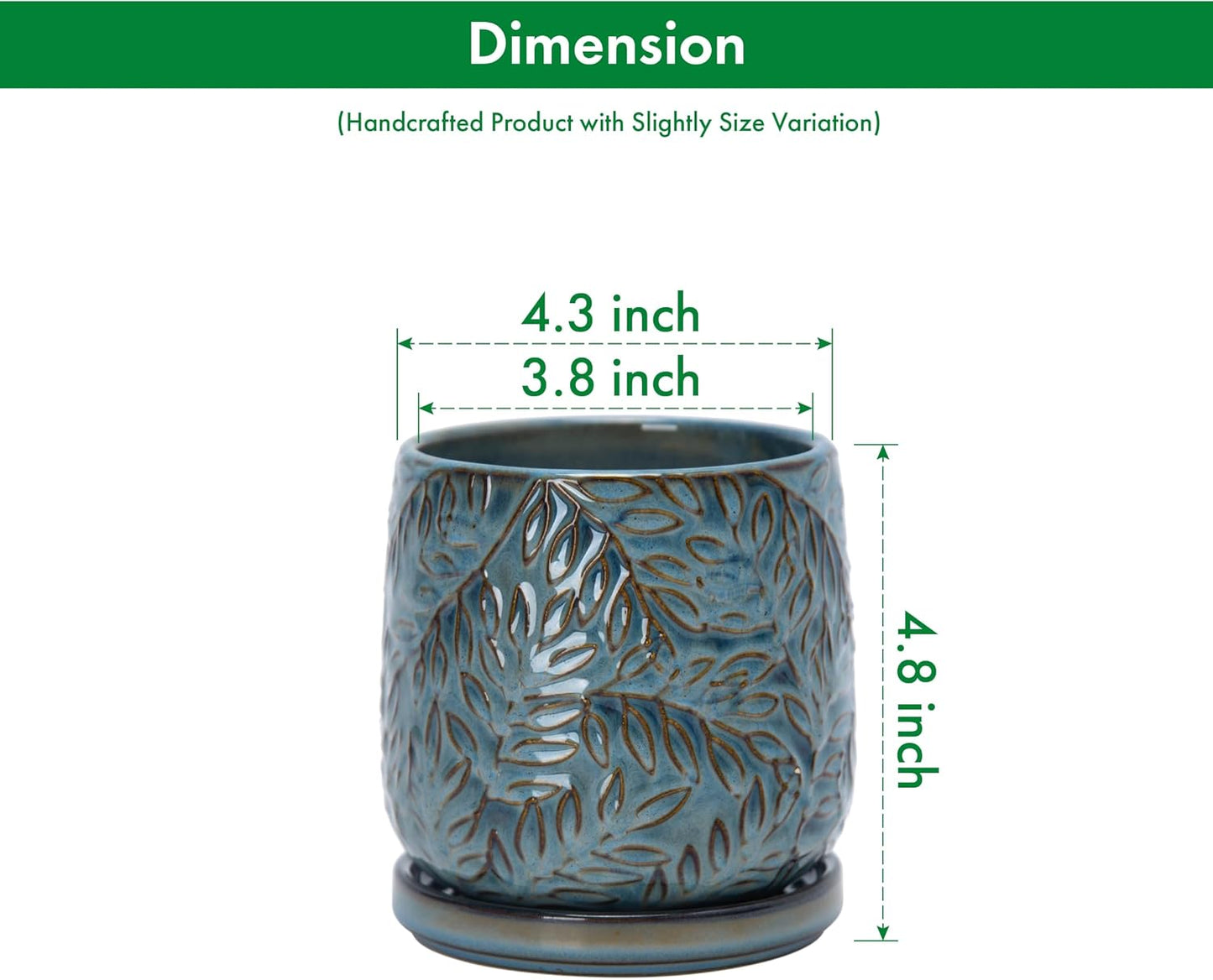Maceta gres relieve hojas 4pulg orificio drenaje verde