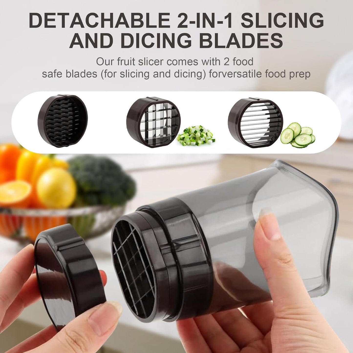 Cortador de frutas desmontable con cuchillas inox para fresas, pepino, hongos y bayas