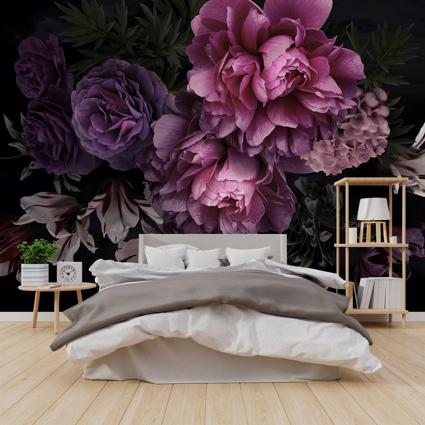 Papel pintado floral morado dormitorio 96x137pulg