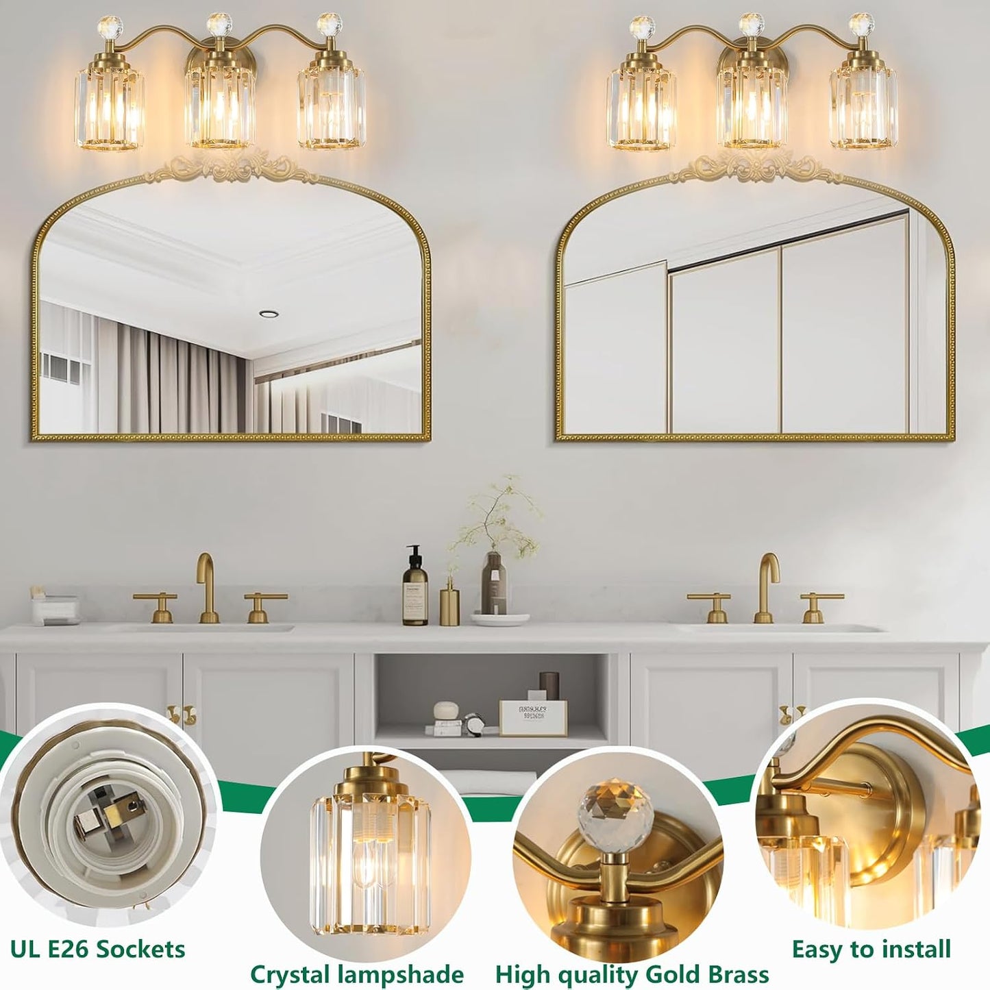 Lámpara tocador latón dorado 3 luces pantalla cristal E26