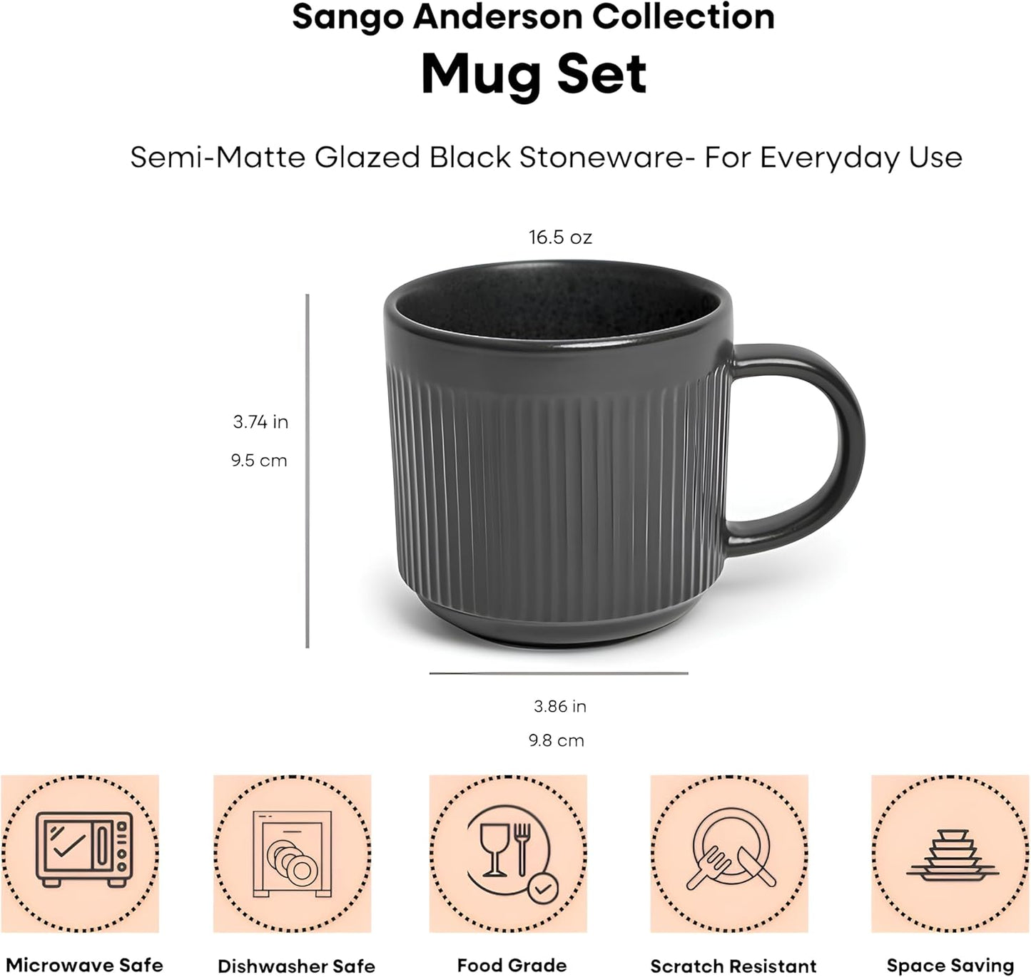 Juego de 4 tazas de café negras de cerámica con esmalte mate