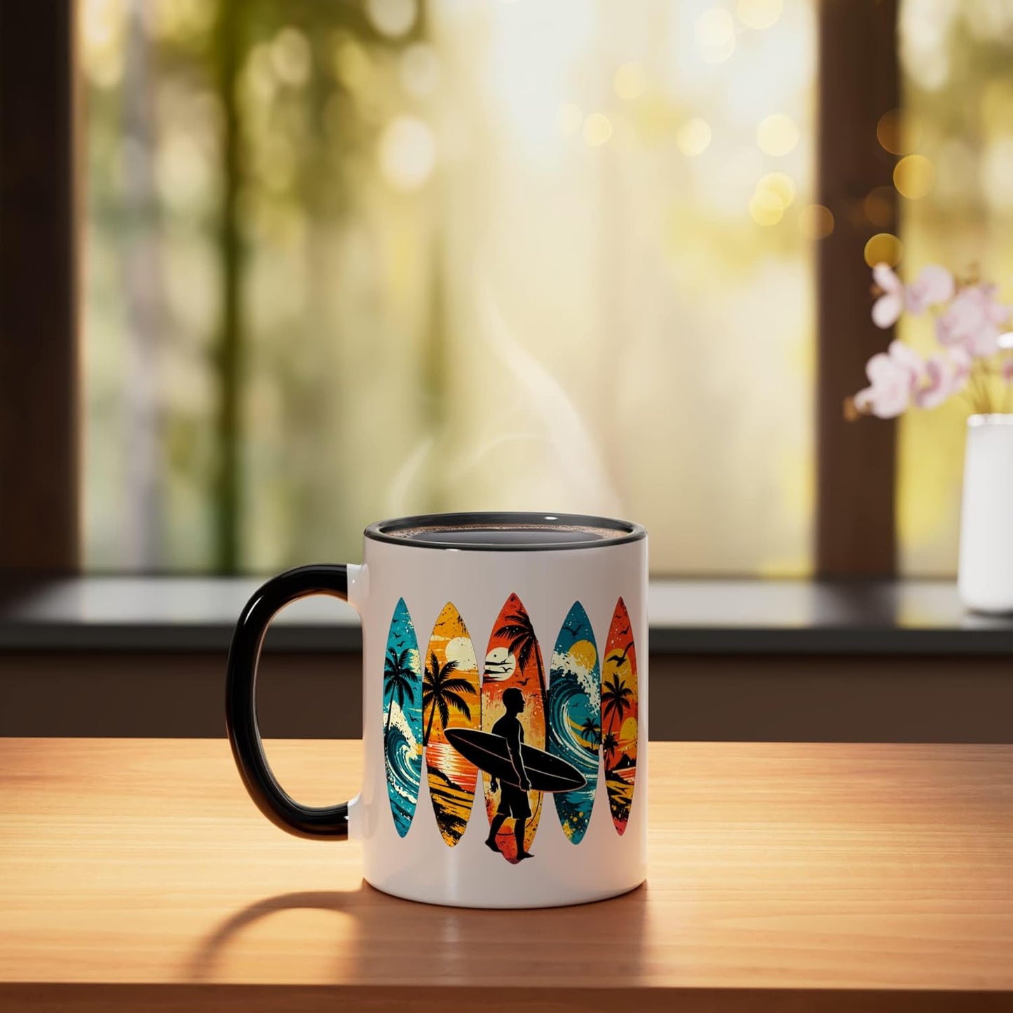 Taza cerámica retro surfboard playa verano negro/blanco