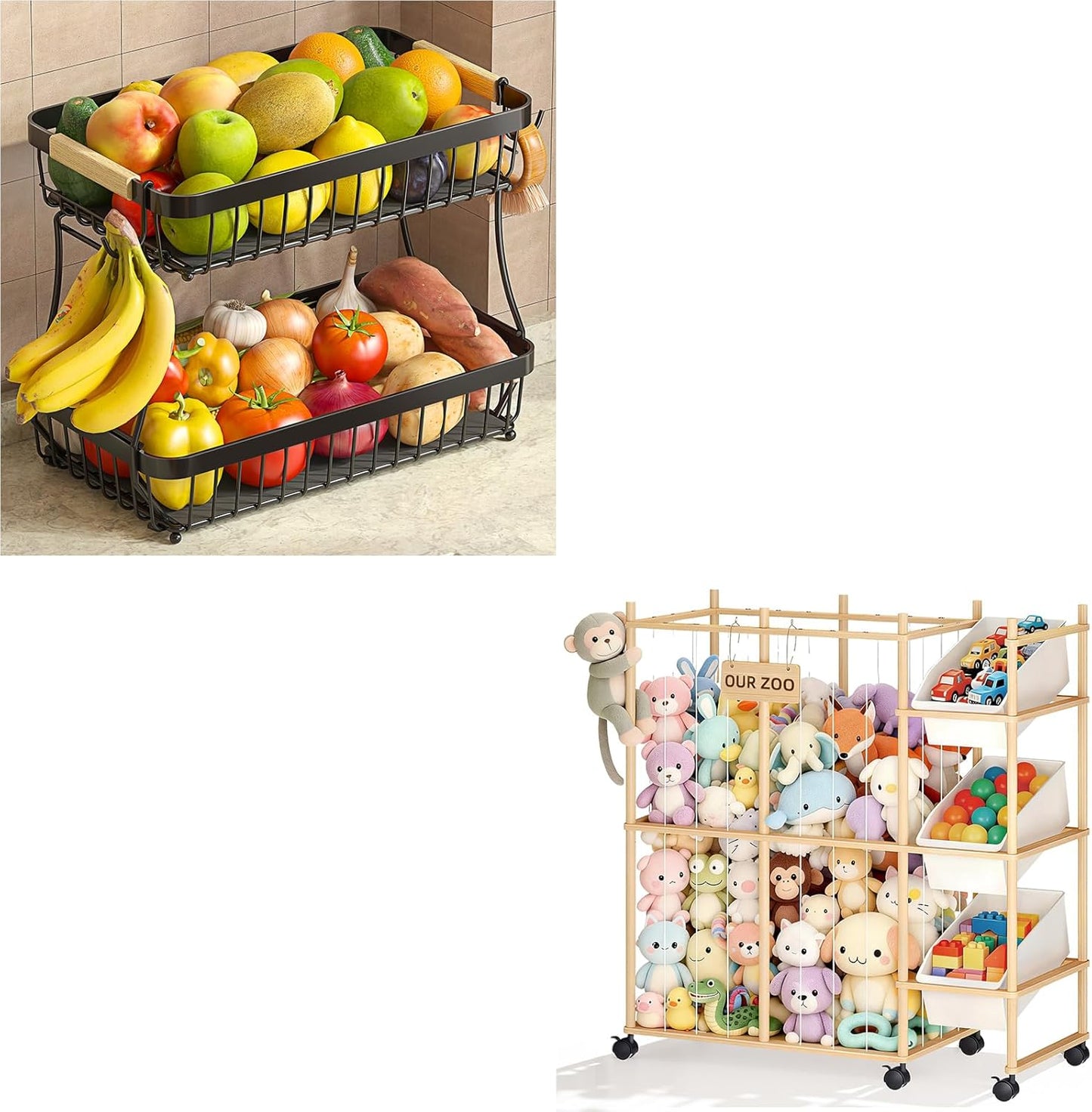 Cesta de frutas grande Sevenblue para encimera con ganchos y contenedores