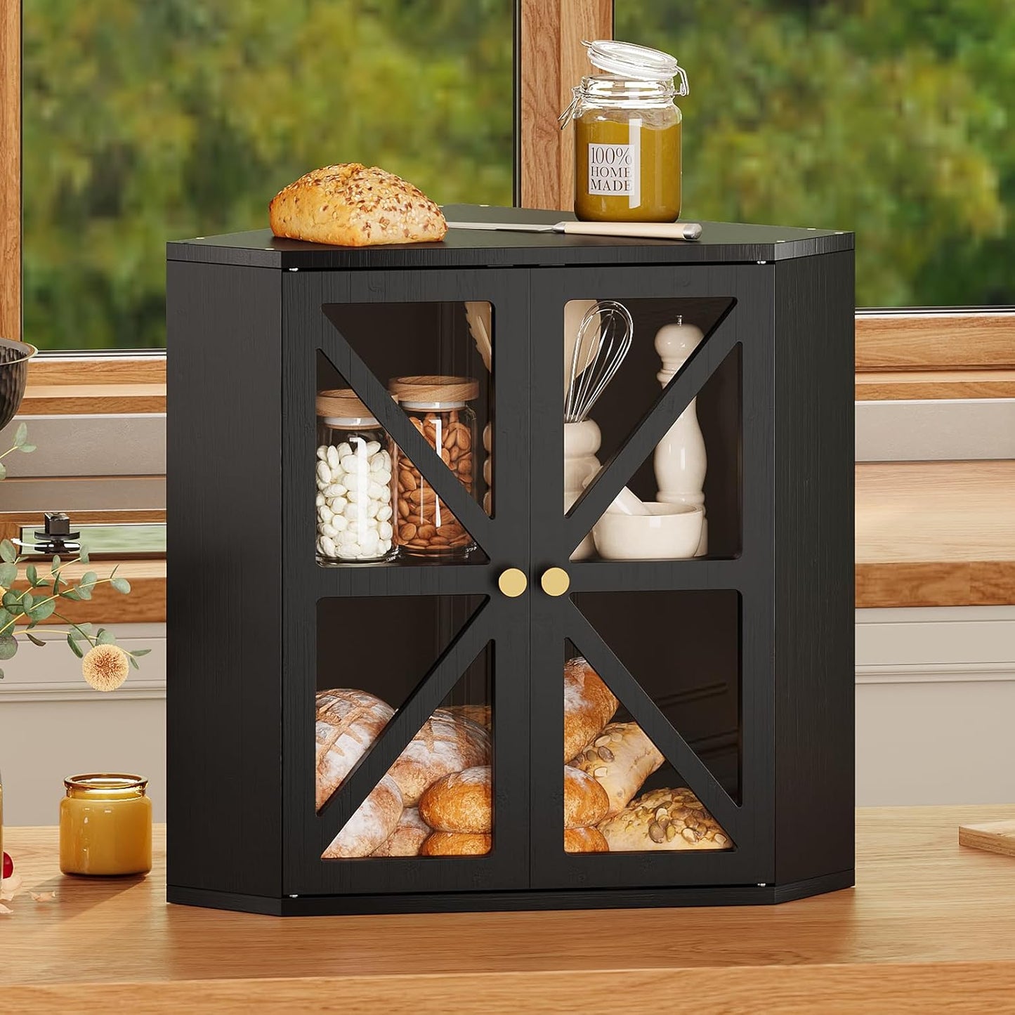 Panera de esquina bambú con puertas acrílicas transparentes negro