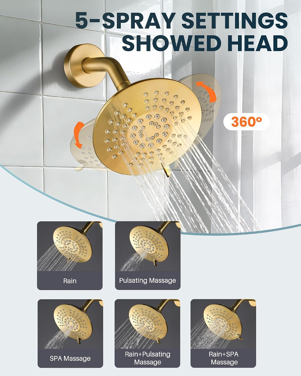 Juego grifo ducha dorado cepillado 6pulg con mango alta presión