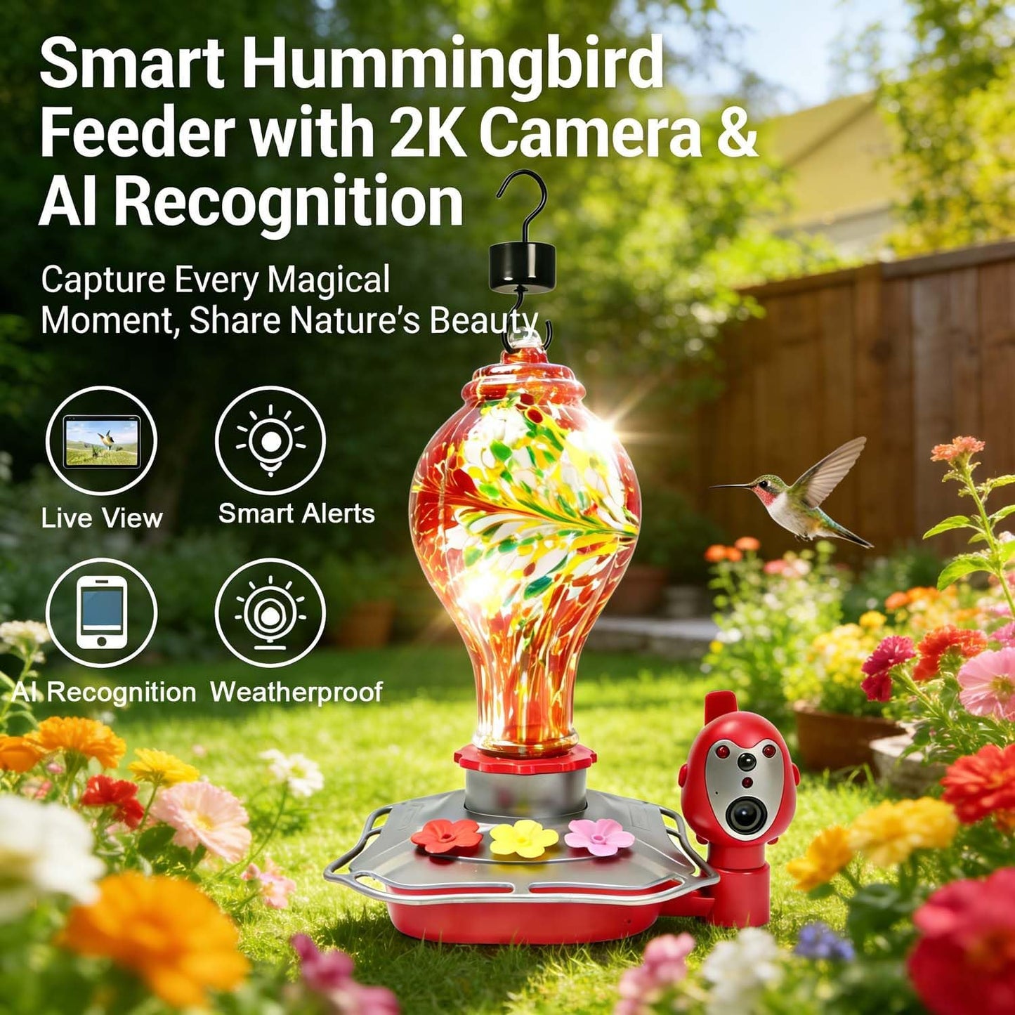 Comedero colibríes cámara AI 2K vidrio solar