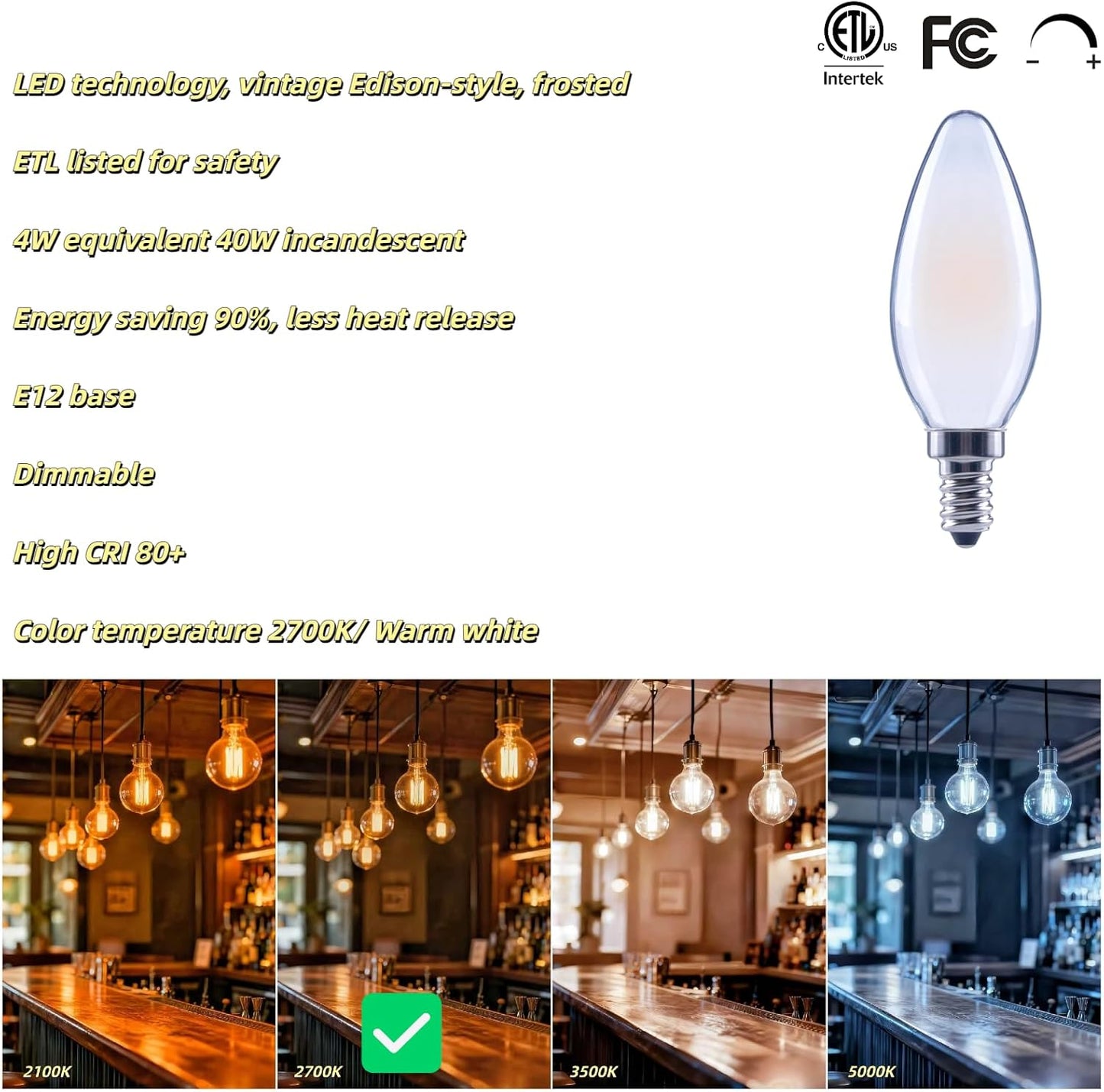 Bombilla LED E12 4W 2700K luz cálida