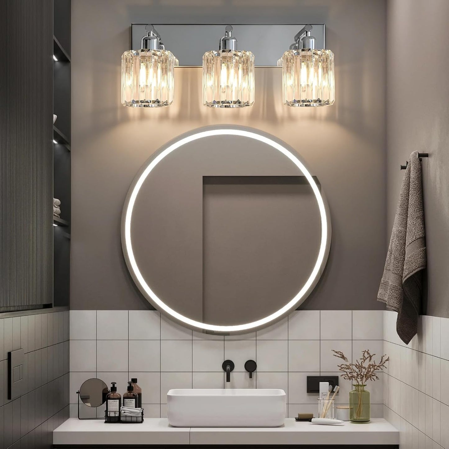 Lámpara tocador baño cristal cromado 3 luces modernas