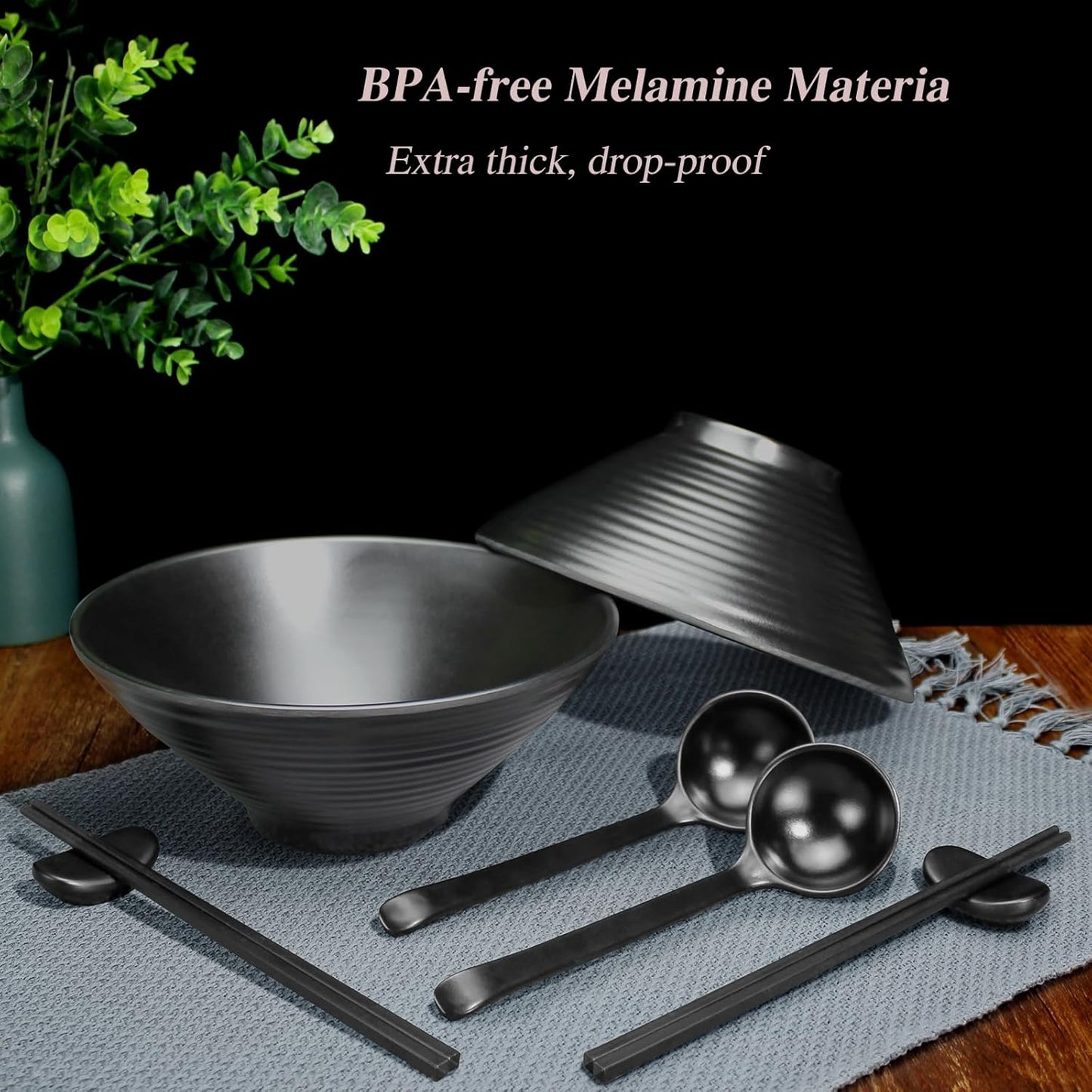 Set 2 Cuencos Ramen Melamina 12 Pzas Palillos Cucharas Soportes