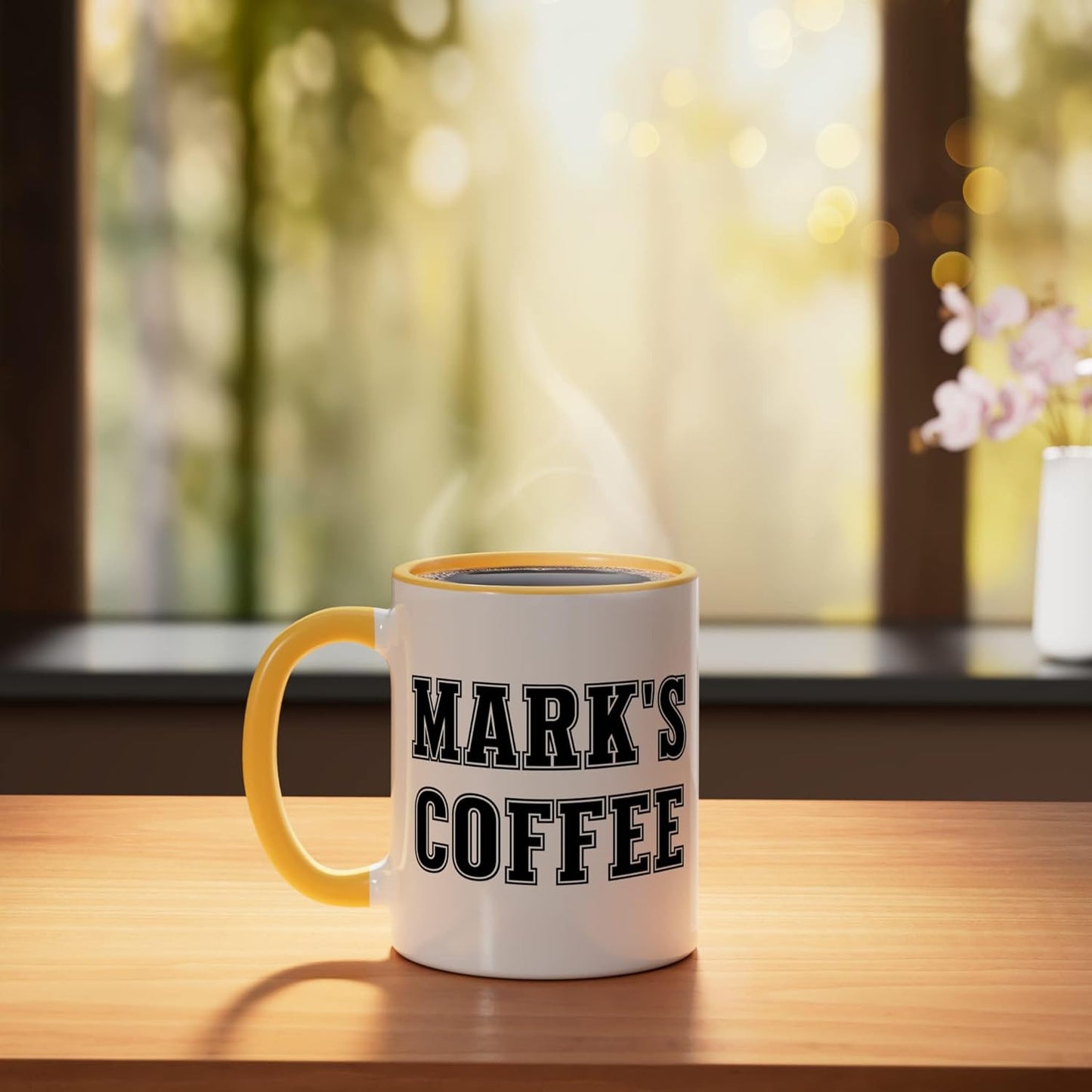 Taza personalizada para nombre Mark's Coffee cerámica amarillo/blanco