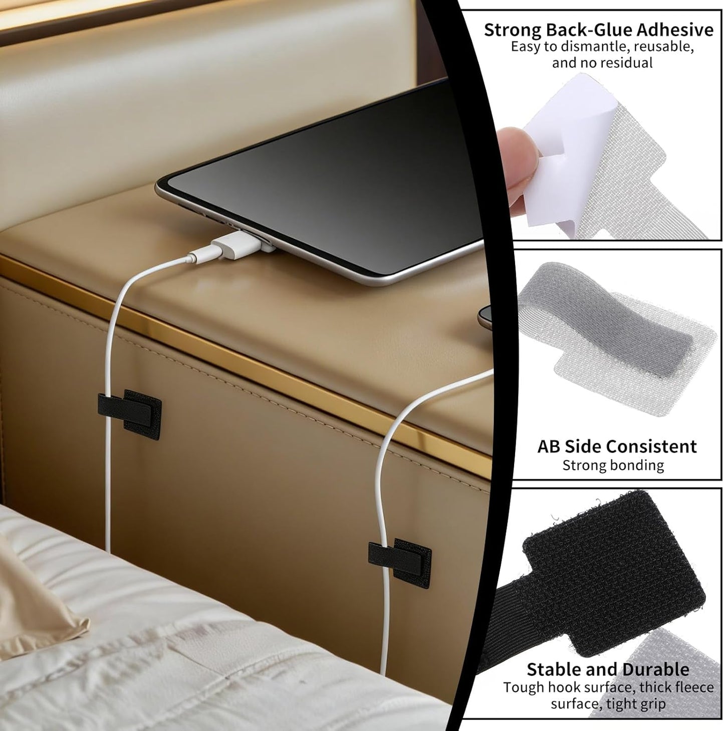 Correas cable gancho bucle clips autoadhesivos ajustables gris