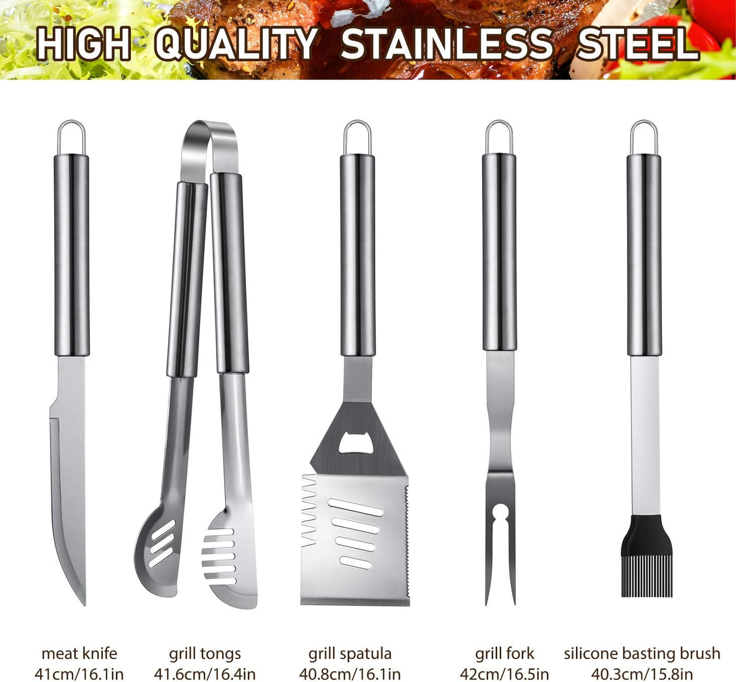 Set 34 herramientas parrilla acero inox plateado