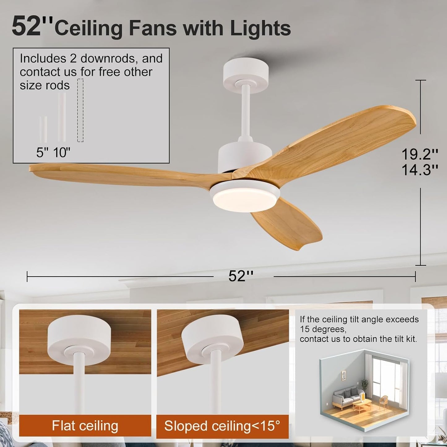 Ventilador techo 52pulg luces control remoto motor CC reversible