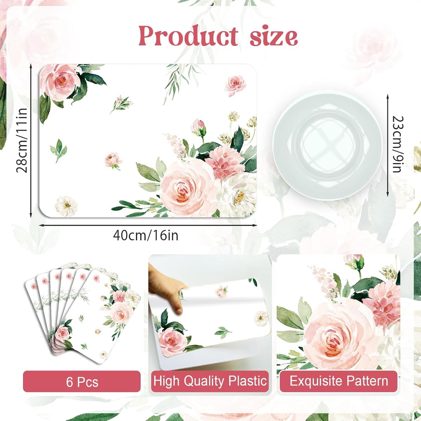 Manteles individuales con flores de acuarela rosadas 11 x 16 pulgadas