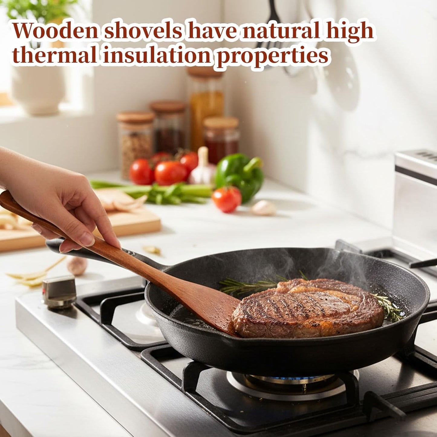 Espátula de madera de mango larga antiadherente para cocinar huevos, pescado y panqueques