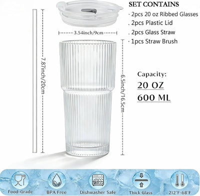 Vaso vidrio acanalado 20oz con tapa pajita set 2 para café helado