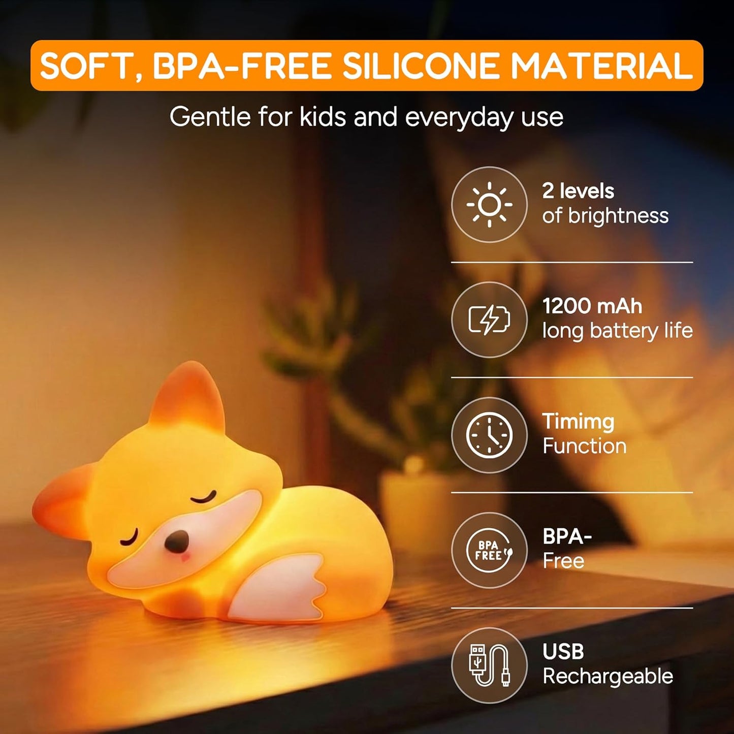 Luz Nocturna Zorro Silicona Recargable Temporizador Dormitorio