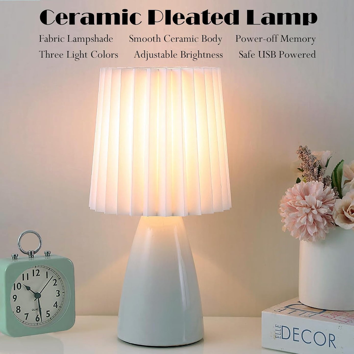 Lámpara nocturna cerámica tela plisada luz LED ajustable
