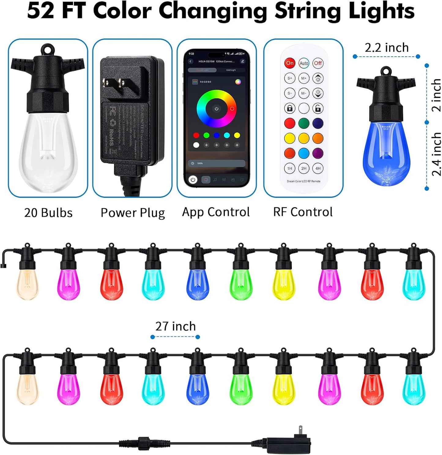 Luz de patio al aire libre 104ft 40 LED RGBW control APP