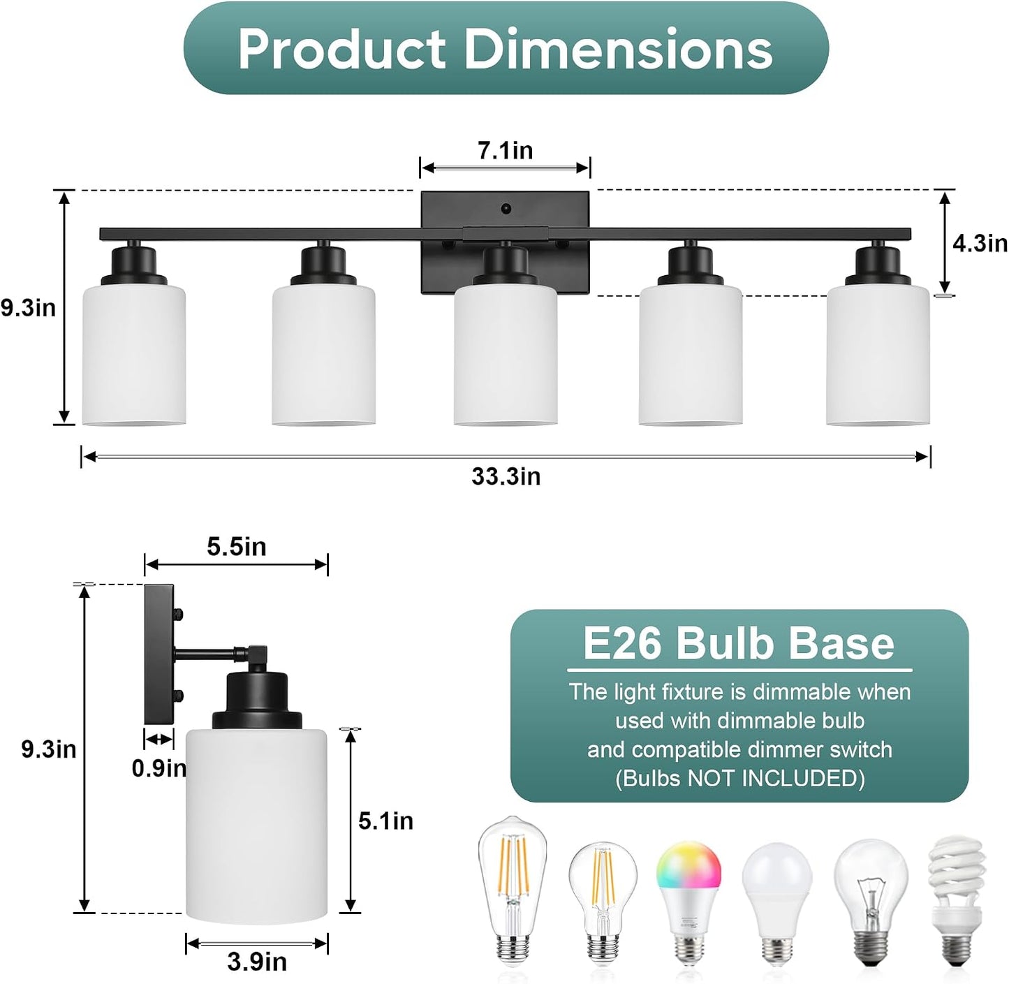 Lámpara baño 5 luces aplique negro mate vidrio esmerilado
