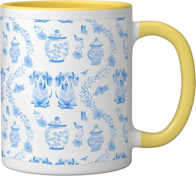 Taza cerámica perro dachshund Preppy azul claro amarillo/blanco