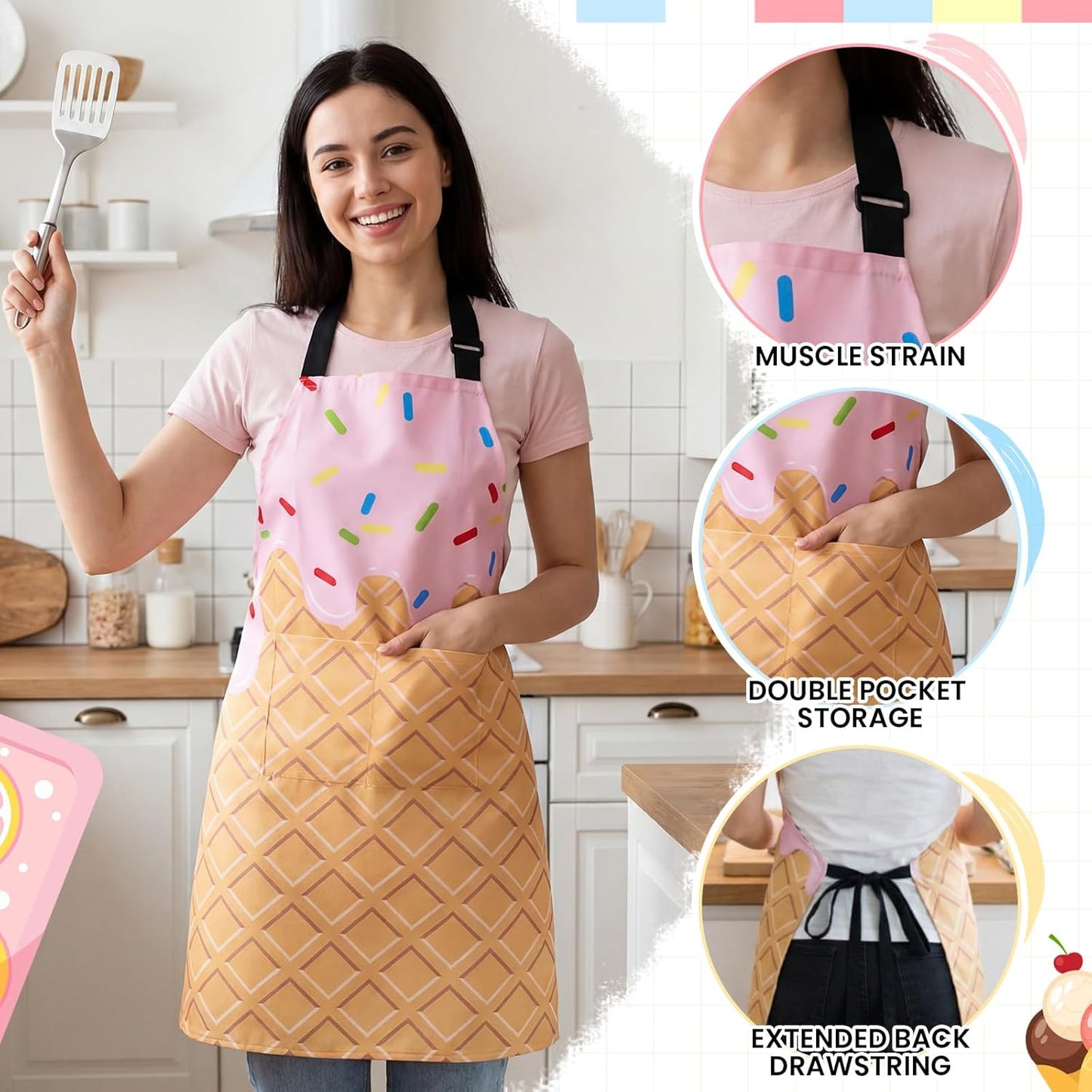 Delantal Helado Mujer Cuello Ajustable Bolsillos Unisex Hogar