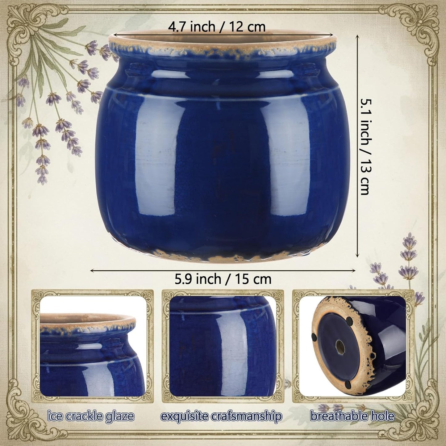 Macetero cerámica azul marino con grietas florero decoración hogar