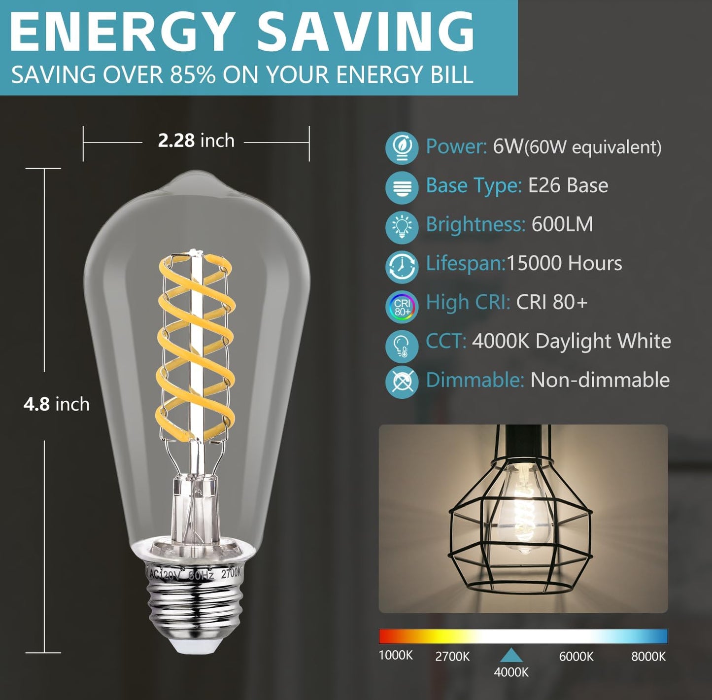 Pack 6 Bombillas LED Edison E26 6W Blanco Neutro 4000K