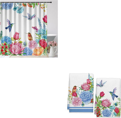 Toallas de cocina y cortina de ducha con flores de colibrí