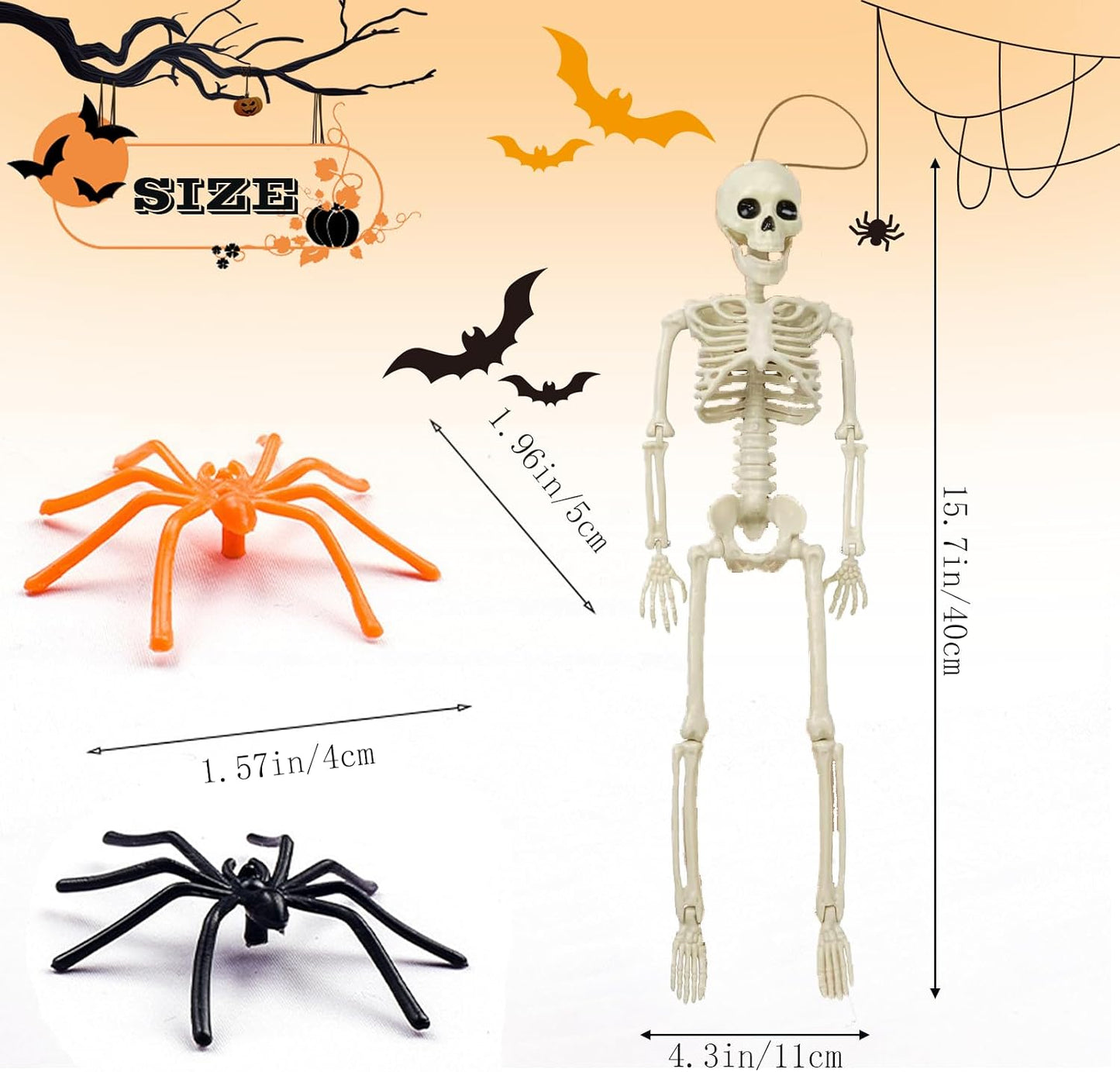 2 Pzas Esqueletos 16pulg y 20 Arañas Plástico Halloween