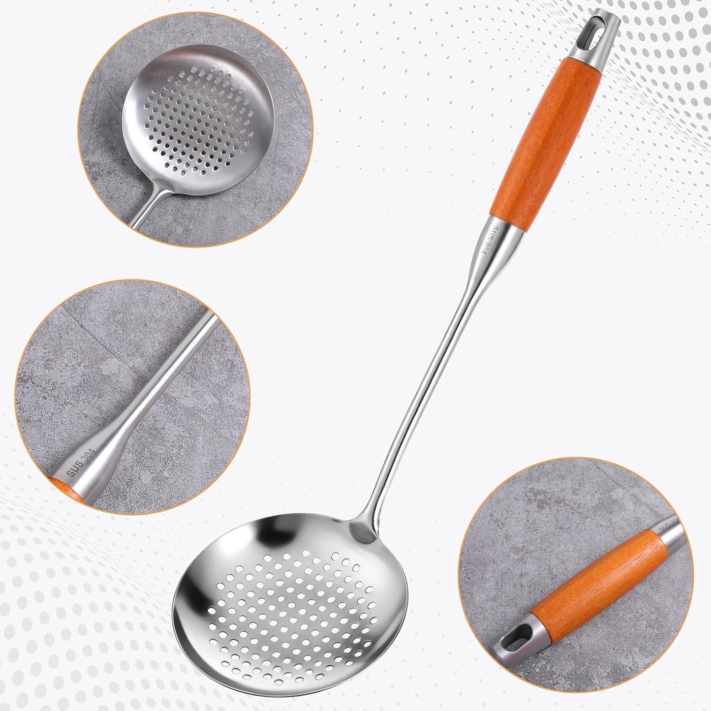Cuchara ranurada acero inox mango madera espátula wok 14.2pulg