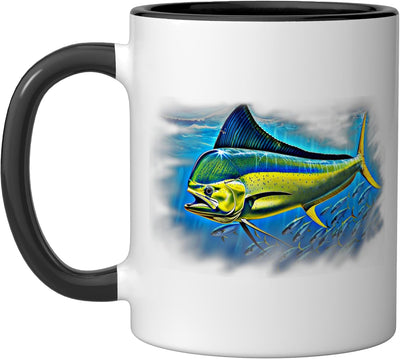 Mug cerámico Mahi-mahi para pescador decorado en negro/blanco