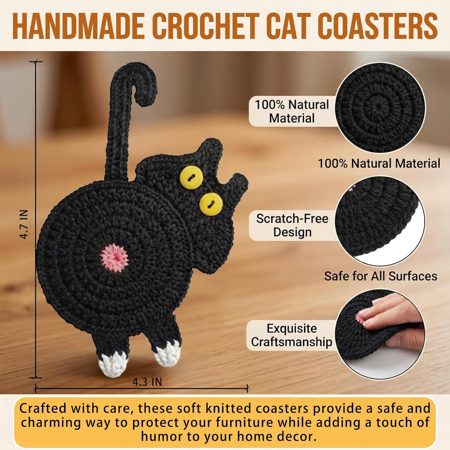 Porta taza de gato crochet para mesa decoración regalo divertido 4 piezas