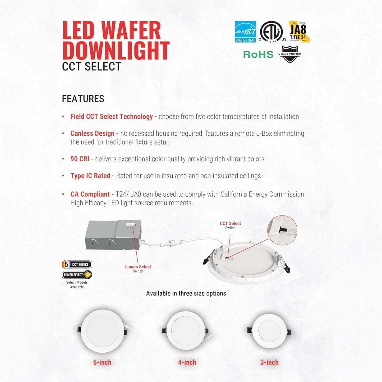 Lámpara LED sin lata delgada 4pulg 9W empotrable 5CCT