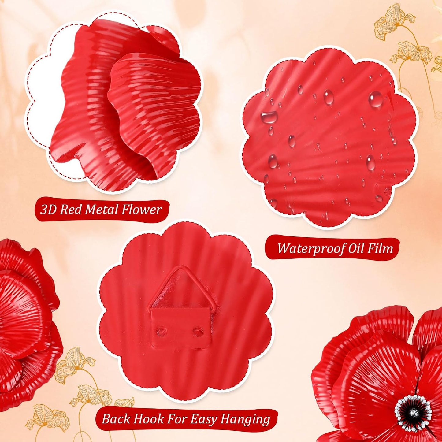 Juego 2 flores amapola metal decoración pared 3D