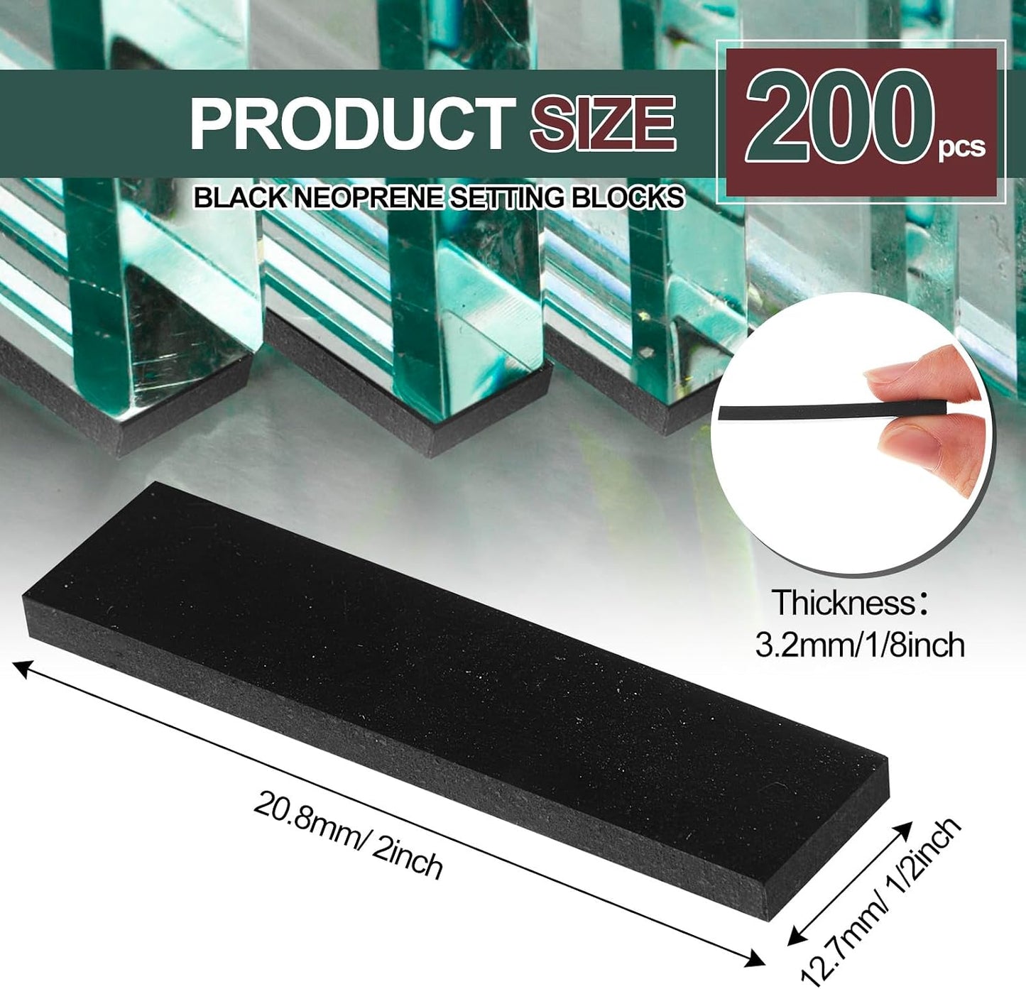 200 Espaciadores Neopreno 1/8x1/2x2pulg para Vidrio