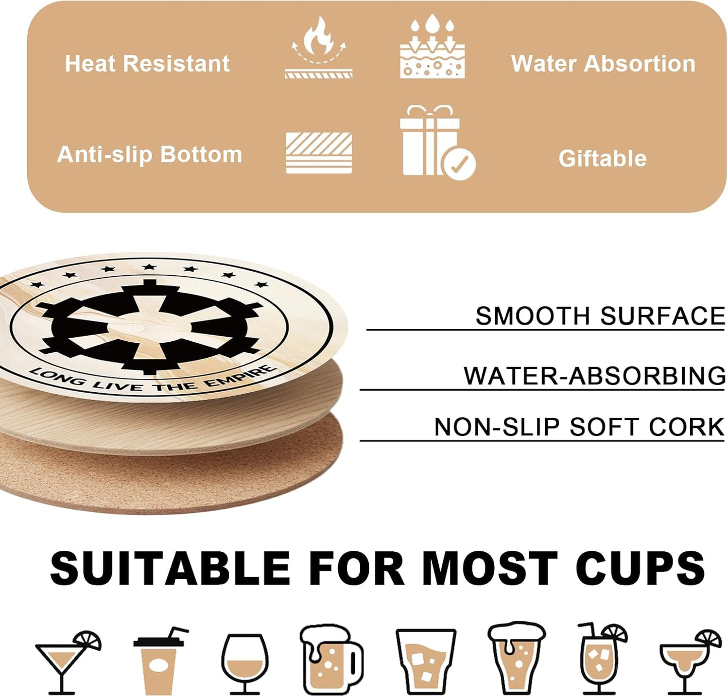 6 posavasos de corcho Wars para bebidas, decoración de cocina y bar