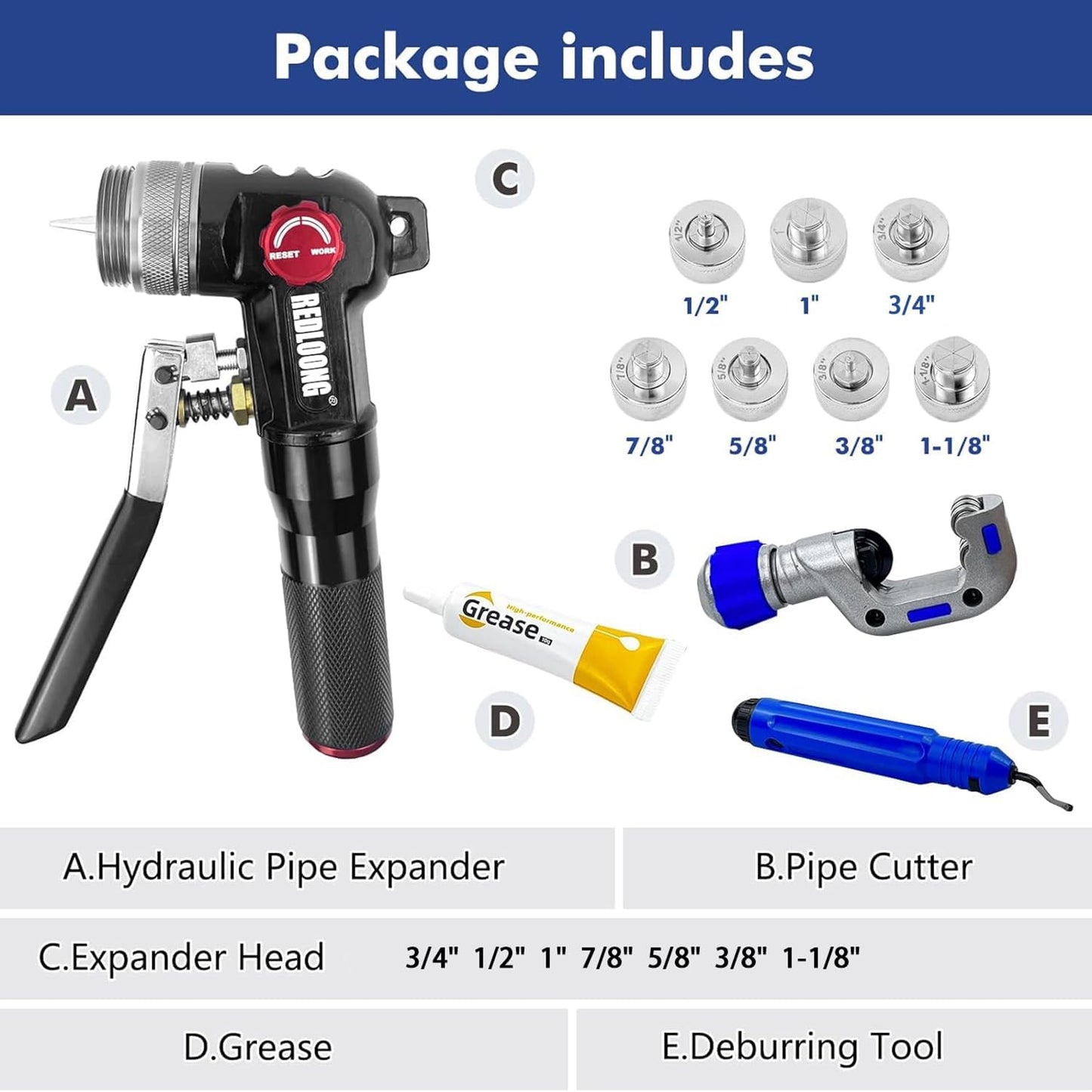Kit herramienta expansión tubería cobre 3/8-1-1/8 pulg