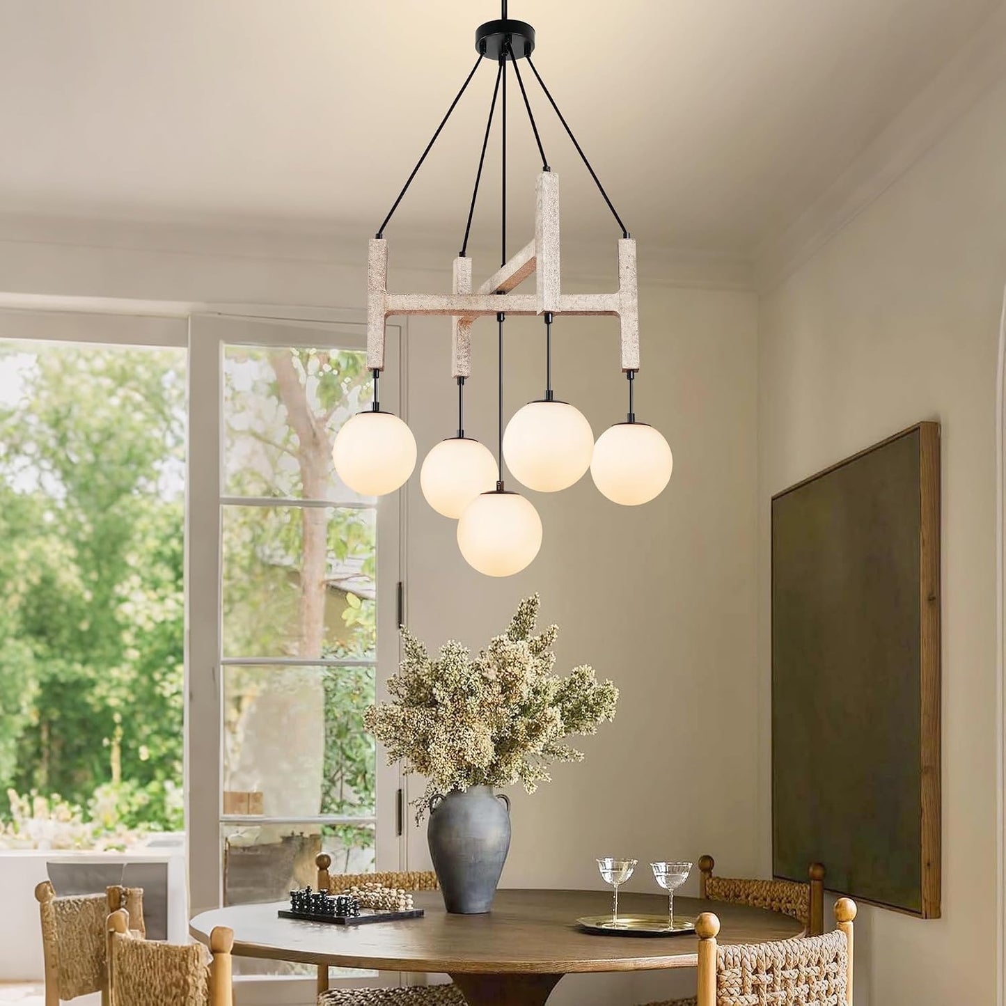 Lámpara colgante de madera 5 luces globo vidrio blanco rústica