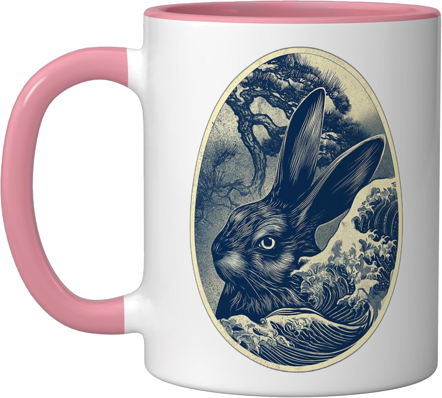 Taza Cerámica Arte Conejo Onda Japonesa Rosa/Blanco