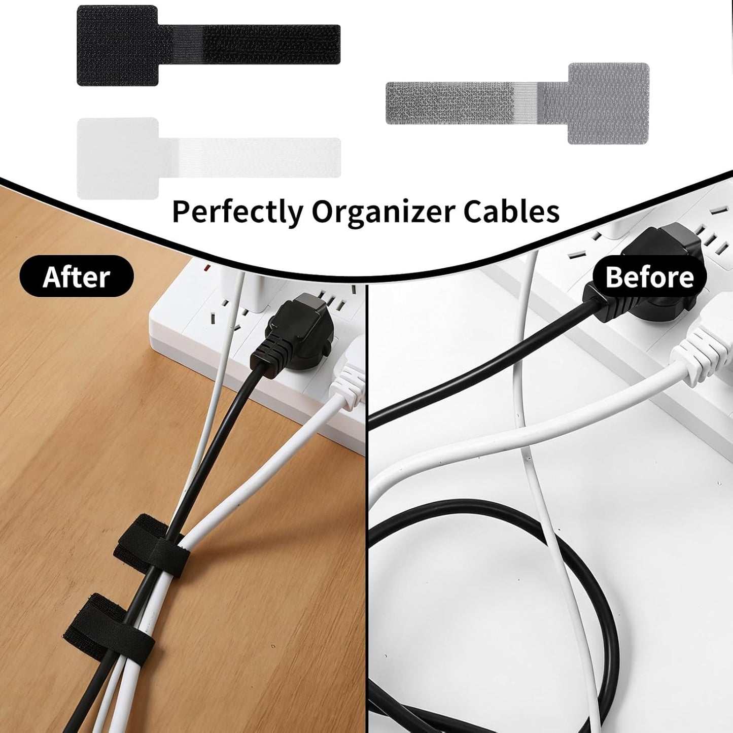 Correas cable gancho bucle clips autoadhesivos ajustables gris