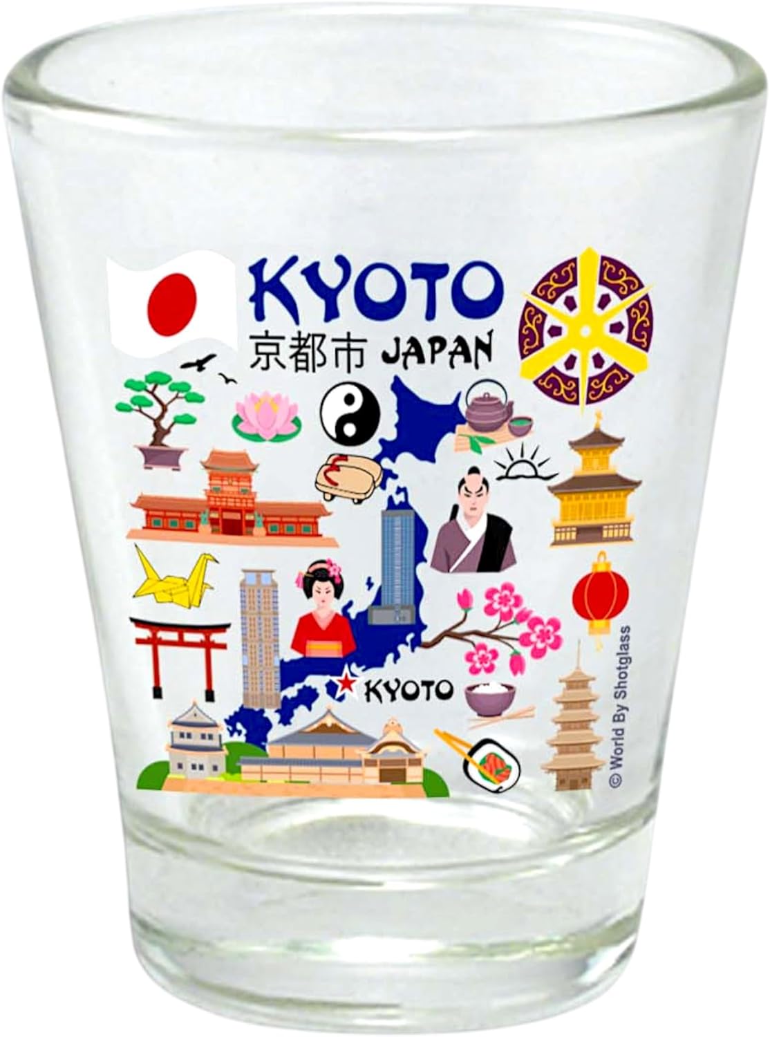 Vaso de licor con mapa y atracciones de Kyoto