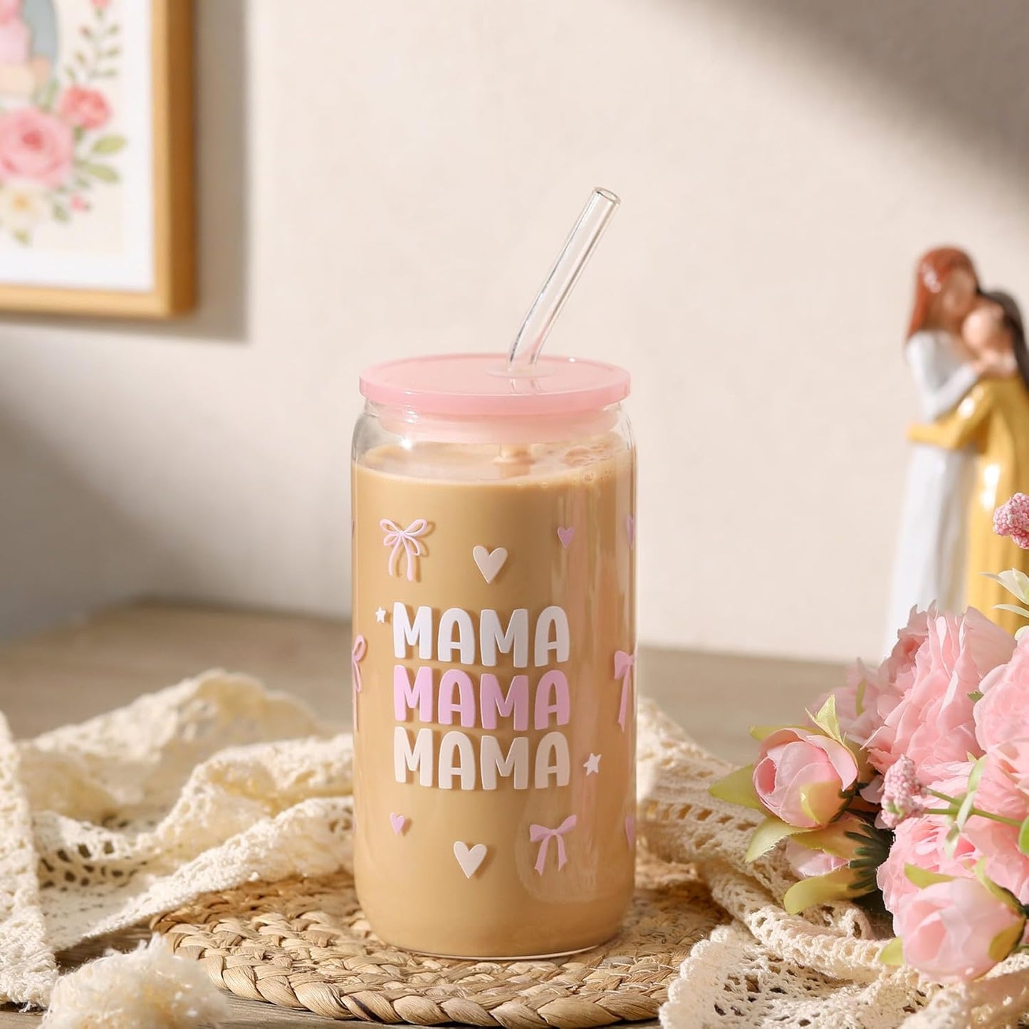 Taza vidrio 16oz con tapa y popote para mamá